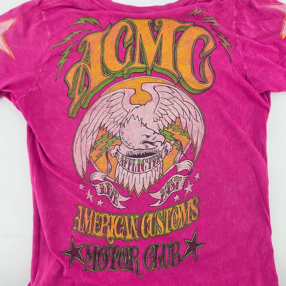 Affliction Womens Pink Acid Wash Y2K T Shirt American Customs Skull Eagle Tee S